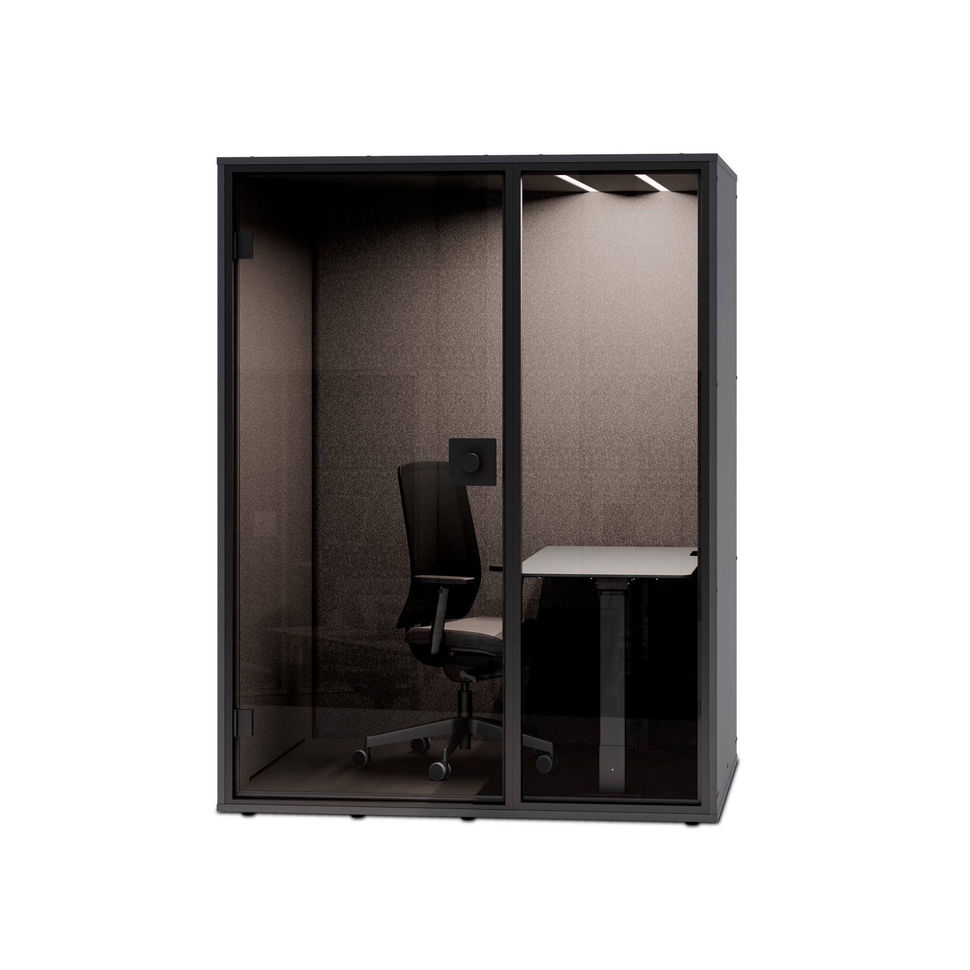 Cabine acoustique WORK par Berlin Acoustics, mini-bureau 1 personne Cabine acoustique avec bureau WORK Berlin Acoustics, dos fermé noir, vue de face