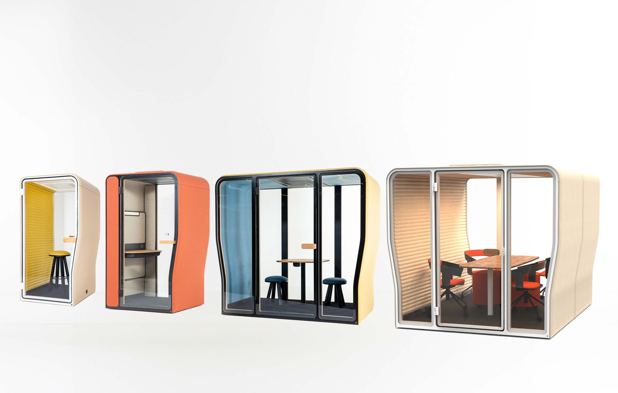 Cabine acoustique BuzziNest par BuzziSpace, Booth, Office, Pod ou Room cabine acoustique BuzziNest, les quatre formats Booth, Office, Pod et Room alignés