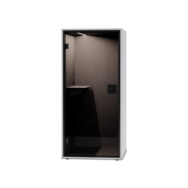 Phone Box ou Cabine Insonorisée : Laquelle Choisir pour son Open Space ? Cabine téléphonique bureau FOCUS Berlin Acoustics, dos fermé, extérieur blanc, rendu sur fond clair