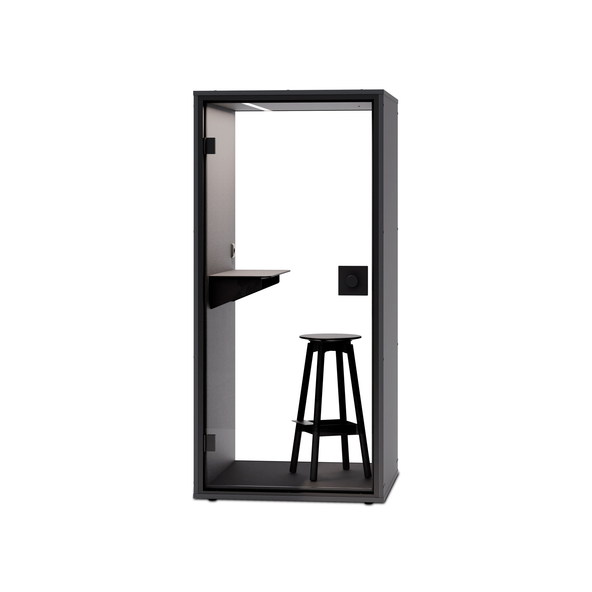 Cabine acoustique FOCUS par Berlin Acoustics, 1 personne Cabine téléphonique bureau FOCUS Berlin Acoustics, dos en verre, extérieur noir, avec tabouret, rendu sur fond clair