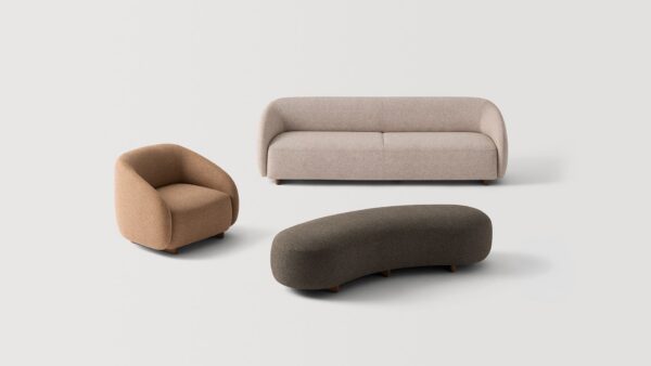 canapé lounge arrondi Inclass Onem, ambiance salon avec fauteuil, canapé et ottomans