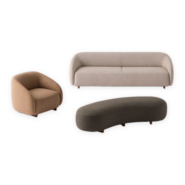 canapé lounge arrondi Inclass Onem, fauteuil, canapé et ottoman courbe sur fond blanc