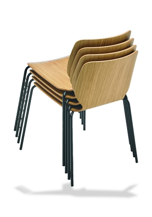 chaise coque bois Inclass Nim empilée sur quatre pieds acier, fond blanc