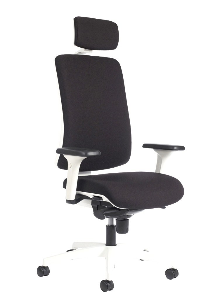 Chaise de Bureau Tissu Noir ou Blanc à Têtière, Dossier Tapissé Chaise de bureau tissu noir sur structure blanche avec têtière réglable