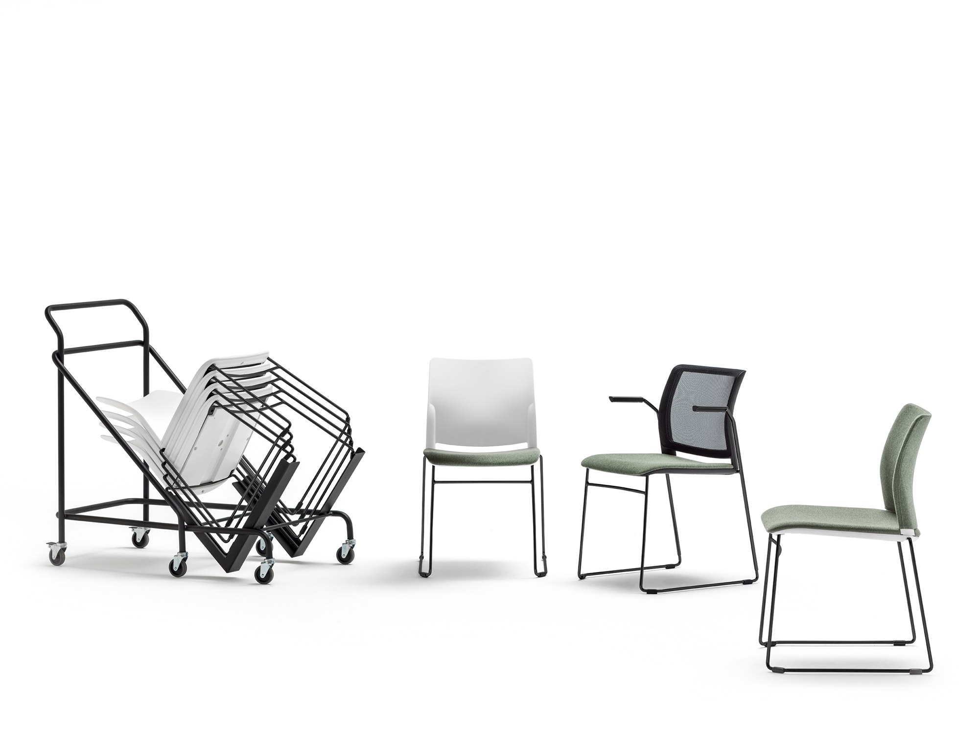 Chaise empilable Area par Bralco, piètement luge, résille ou garnie chaises empilables Area Bralco : chariot de rangement, version blanche, version à accoudoirs et dossier résille, version garnie