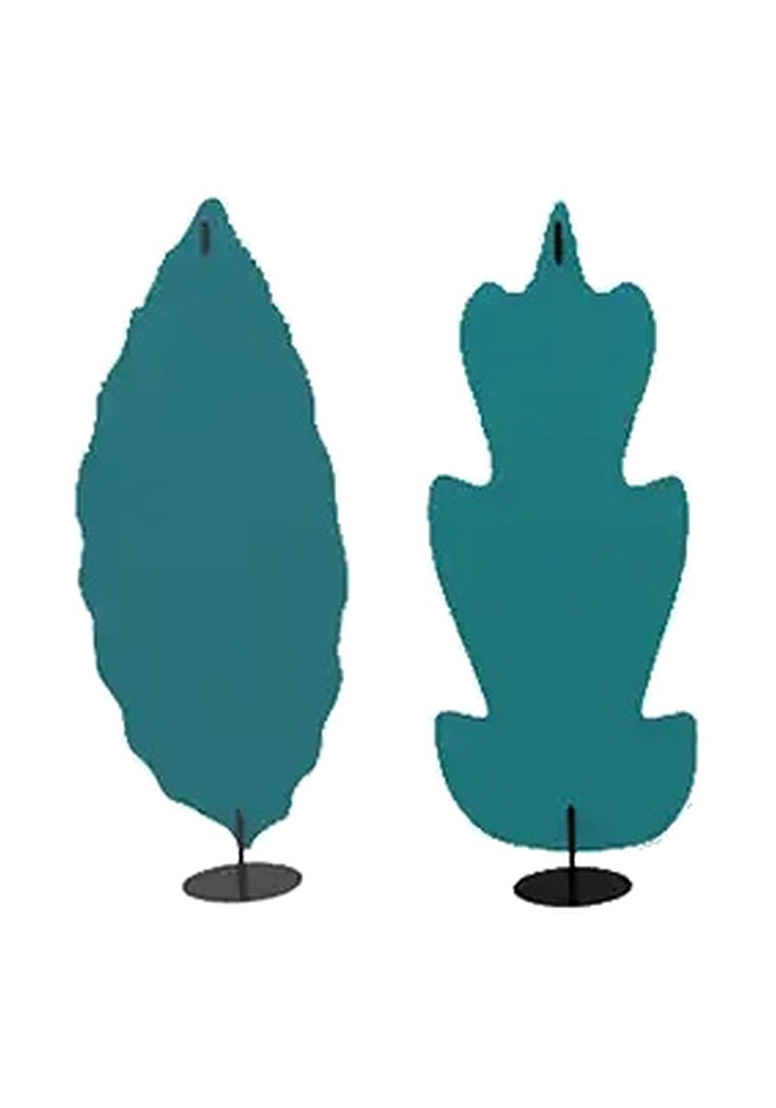 Cloison acoustique Daphne par Slalom, feuilles en feutre bicolore cloison acoustique feuille Slalom Daphne en feutre bleu vert, deux formes sur pied, fond blanc