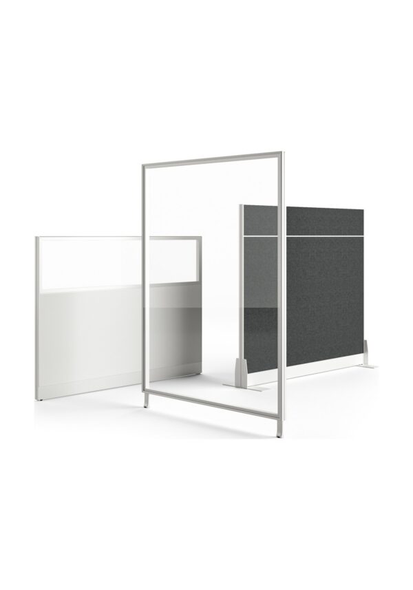 cloison de séparation Kubick Bralco, modules en verre et en tissu sur cadre aluminium blanc, fond blanc