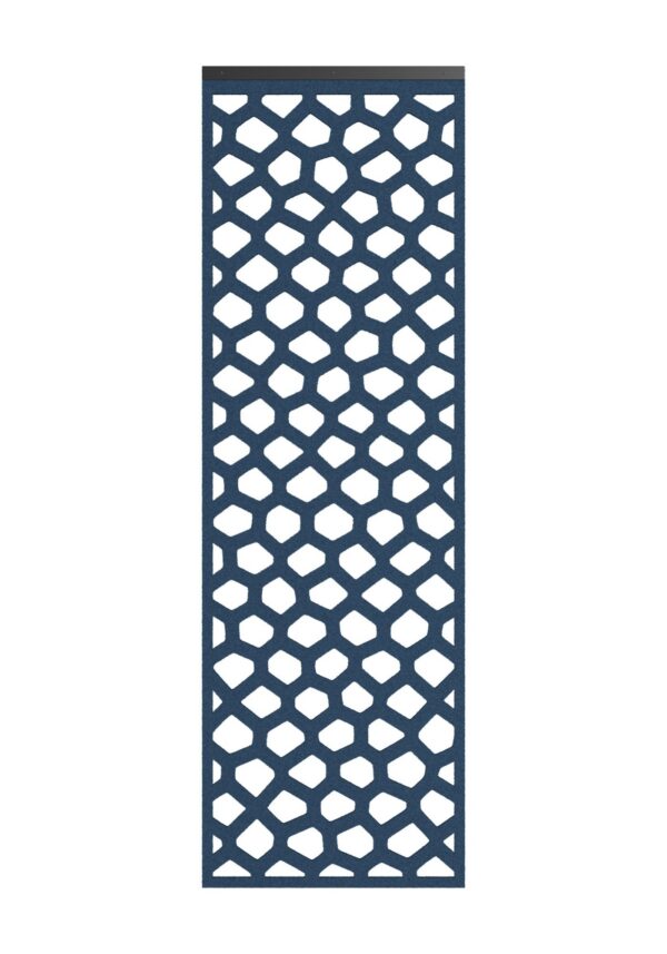 cloison suspendue BuzziFalls BuzziSpace, panneau de feutre bleu au motif Honey, fond blanc