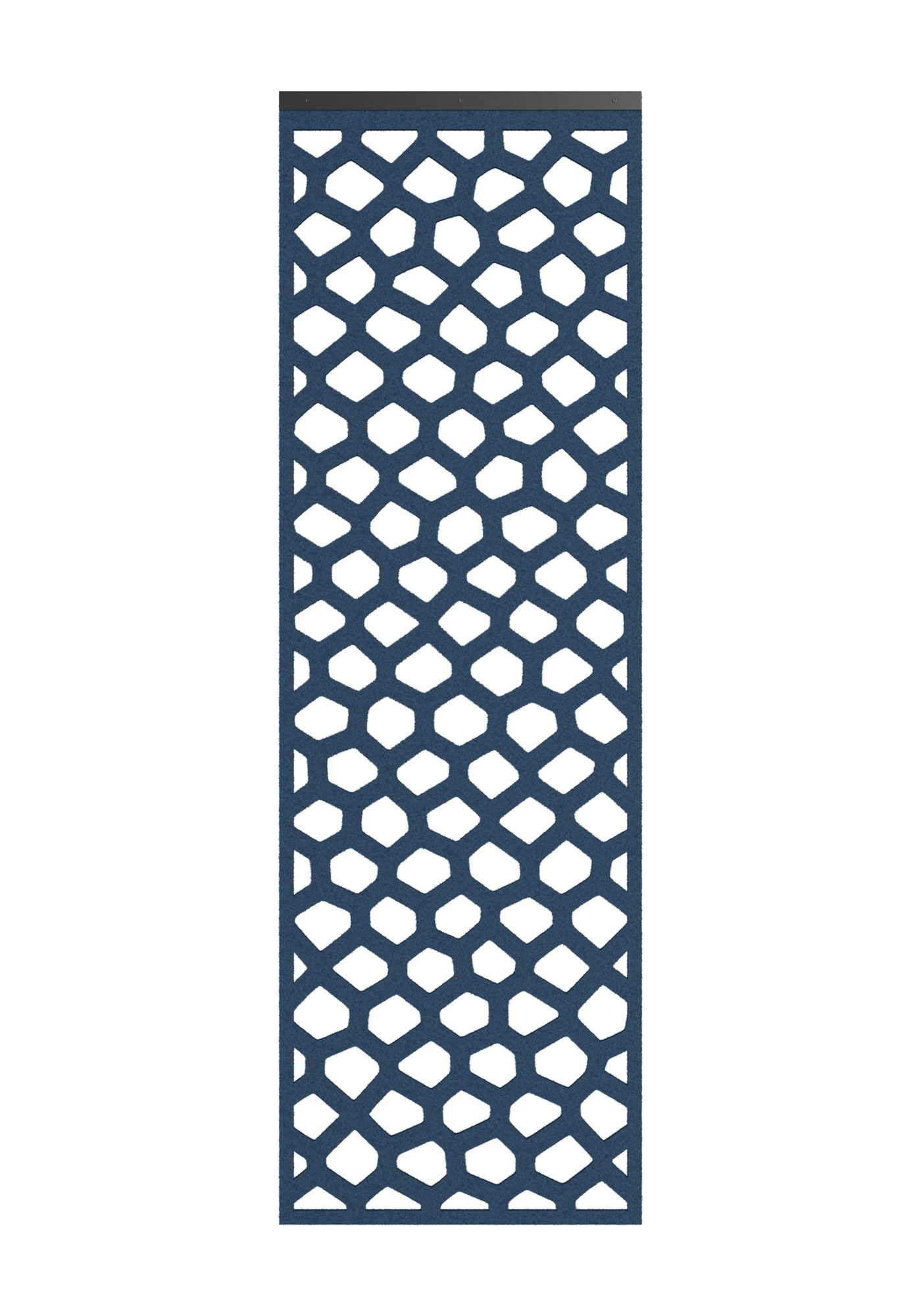 Cloison suspendue BuzziFalls par BuzziSpace, feutre à motifs découpés cloison suspendue BuzziFalls BuzziSpace, panneau de feutre bleu au motif Honey, fond blanc