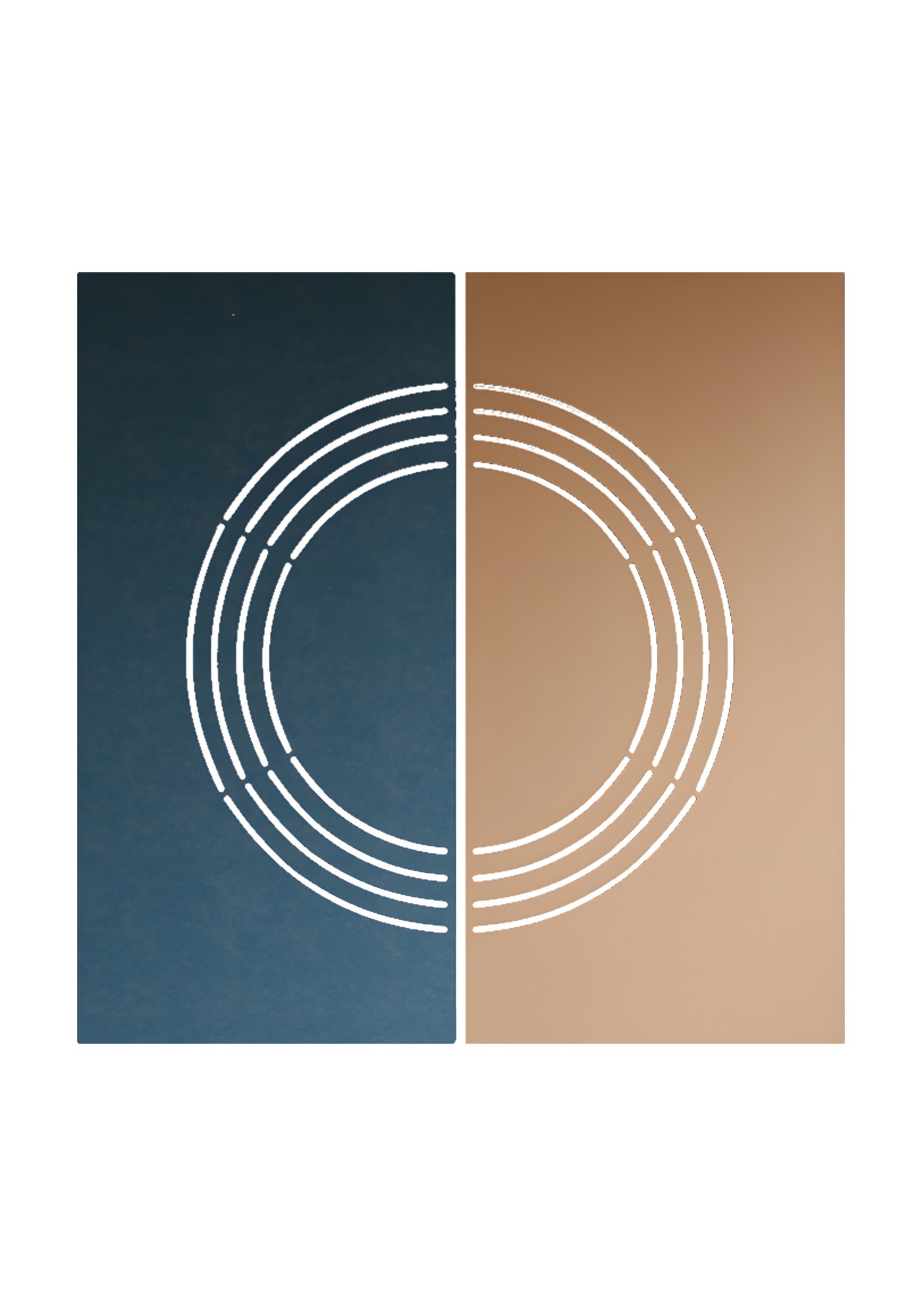 Cloison suspendue Creative Divider Panels par Chameleon cloison suspendue Creative Divider Chameleon, deux panneaux de feutre bleu et terracotta au motif de cercles concentriques, fond blanc
