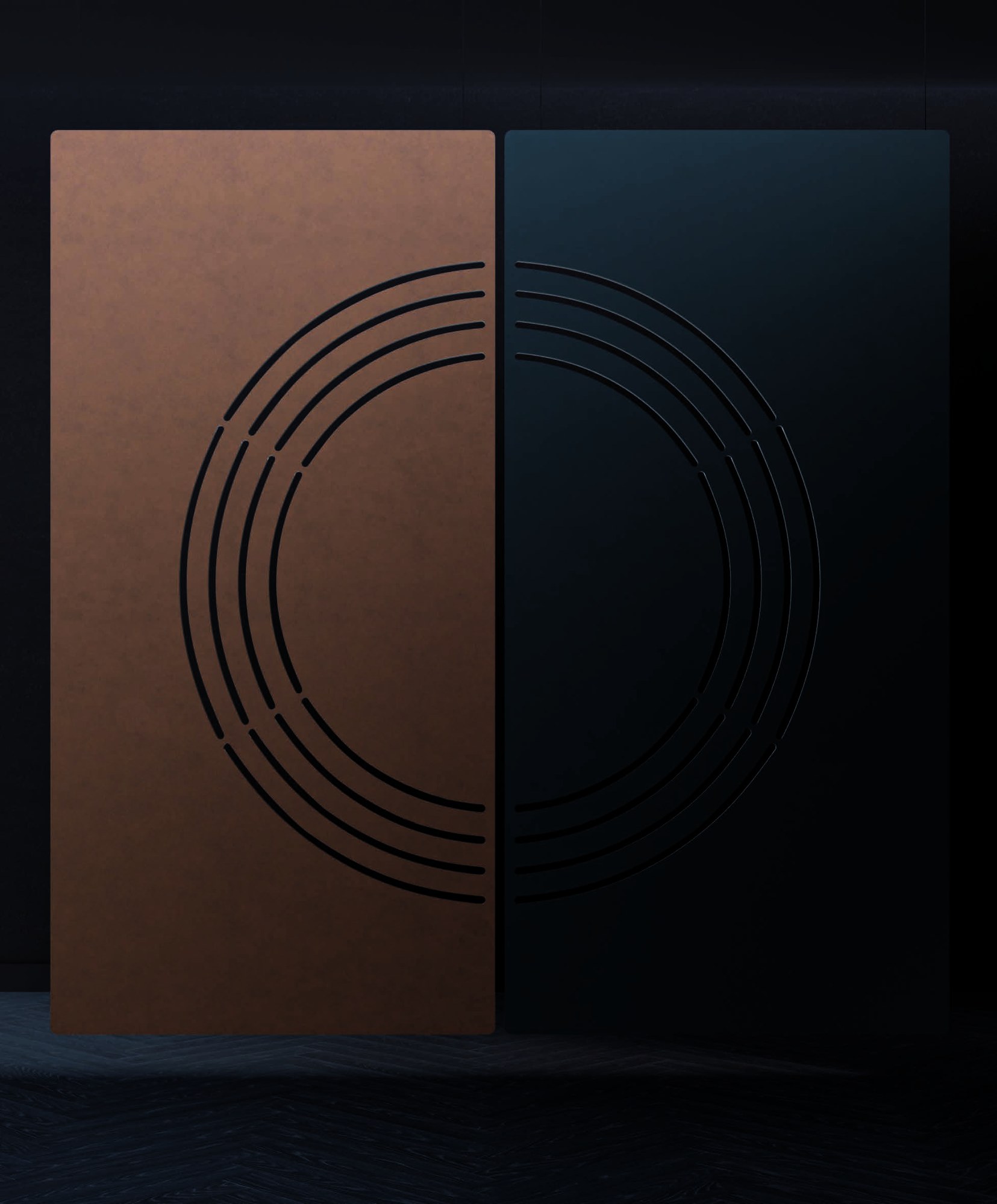 Cloison suspendue Creative Divider Panels par Chameleon cloison suspendue Creative Divider Chameleon, deux panneaux de feutre cuivre et bleu nuit au motif de cercles, ambiance sombre