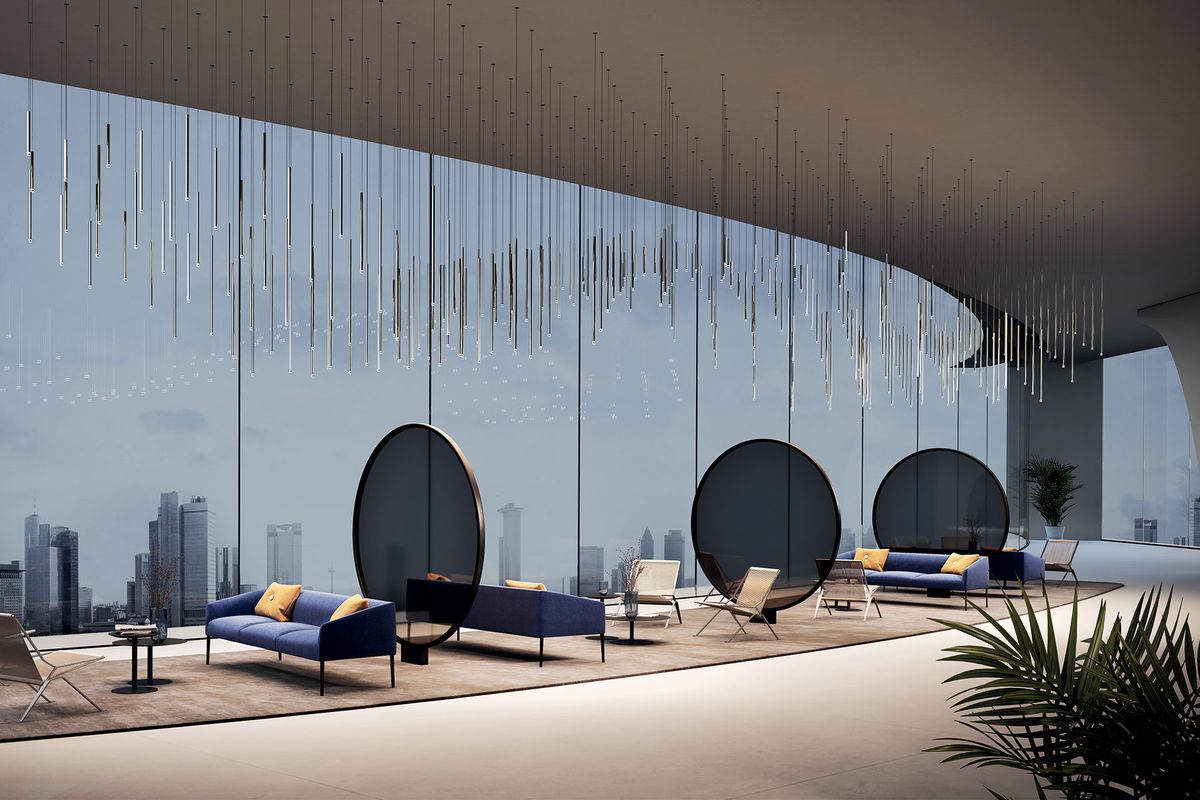 Fournisseur luminaires hôtel : comment bien choisir ? Éclairage hôtel design : suspensions Lodes A-Tube Nano au-dessus du salon d'un lobby