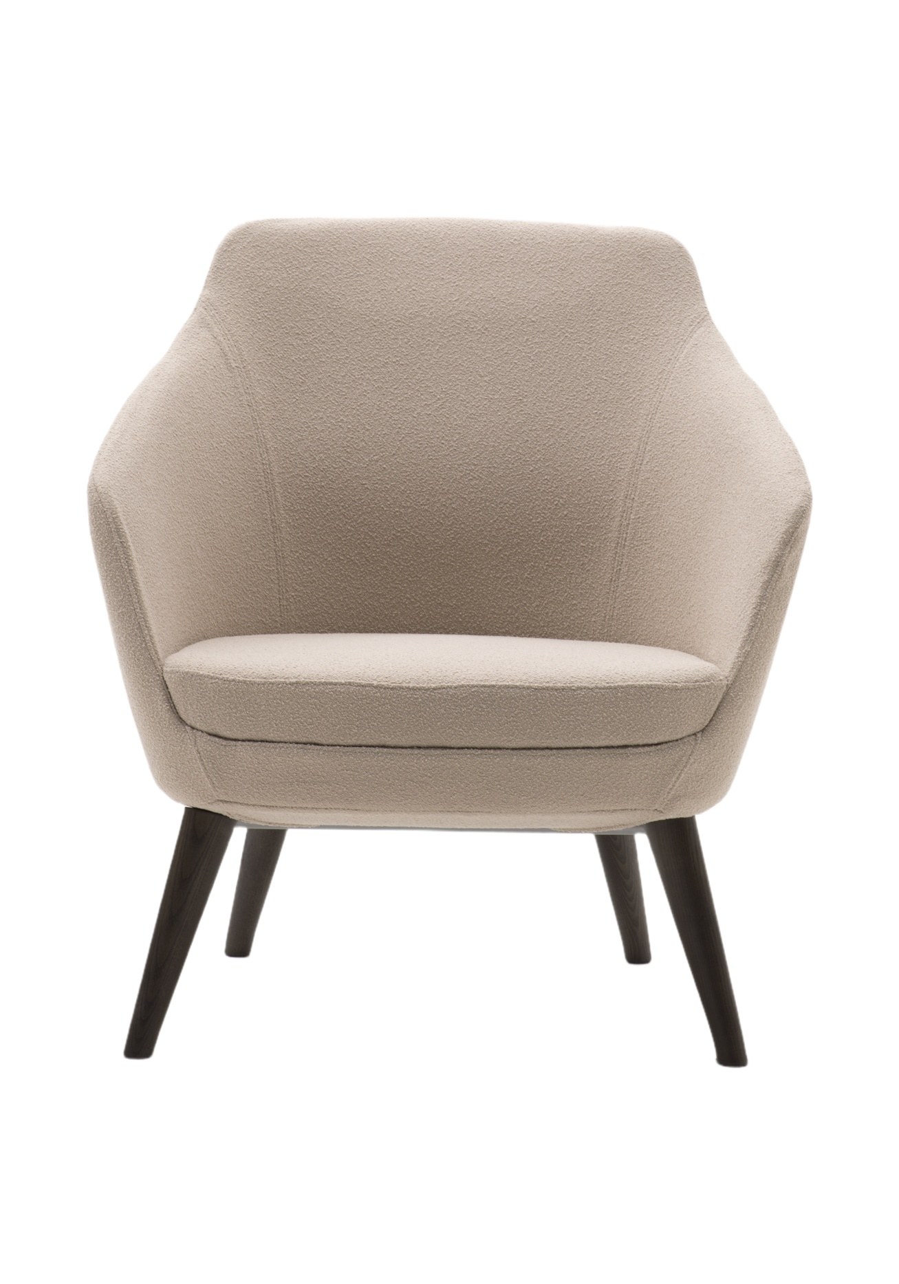 Fauteuil d'accueil Setar par Bralco, canapé 2 places, luge ou pieds bois fauteuil d'accueil Setar Bralco en tissu beige sur quatre pieds en bois foncé, fond blanc