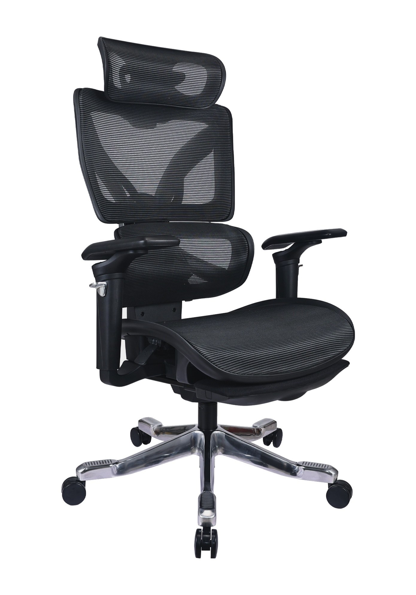 fauteuil de bureau avec repose-jambes, vue de trois quarts du fauteuil tout résille noir avec têtière articulée et base chromée