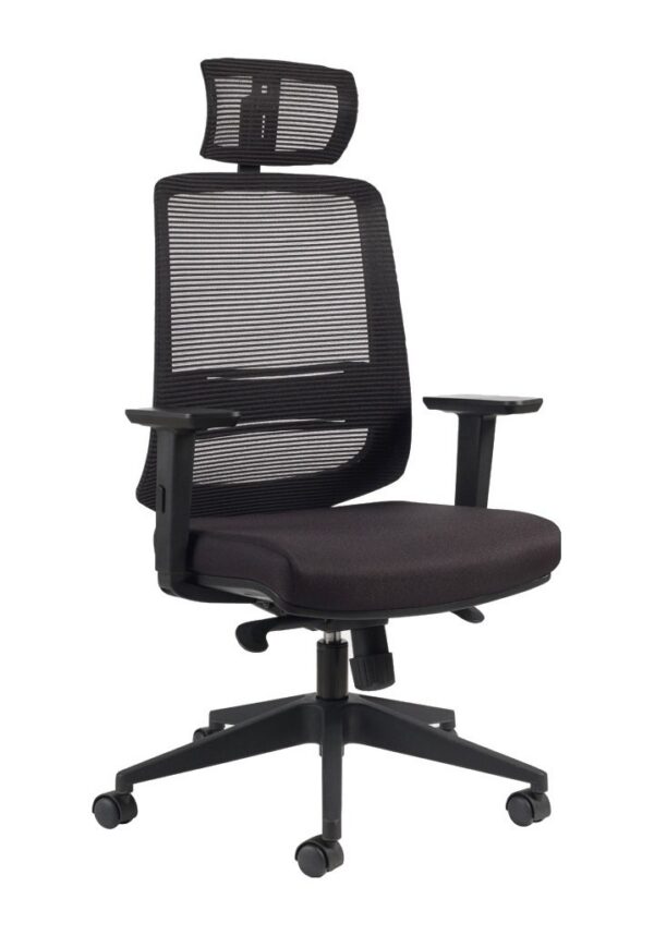 fauteuil de bureau avec têtière, vue de trois quarts du haut dossier résille noir avec têtière réglable et assise tissu noir
