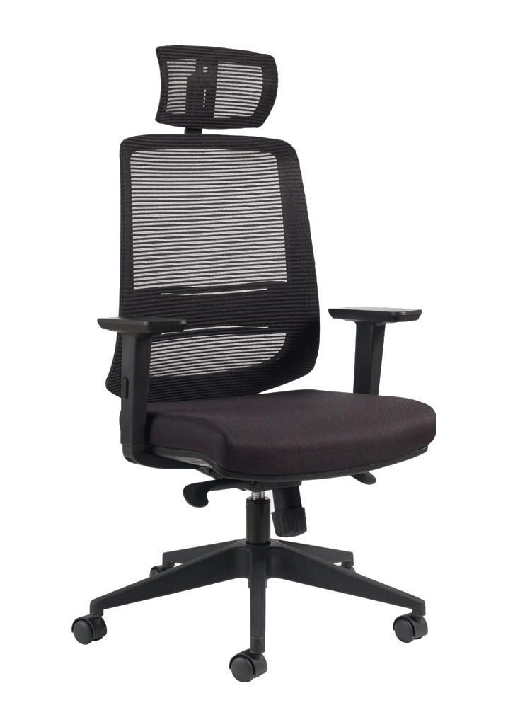 fauteuil de bureau avec têtière, vue de trois quarts du haut dossier résille noir avec têtière réglable et assise tissu noir
