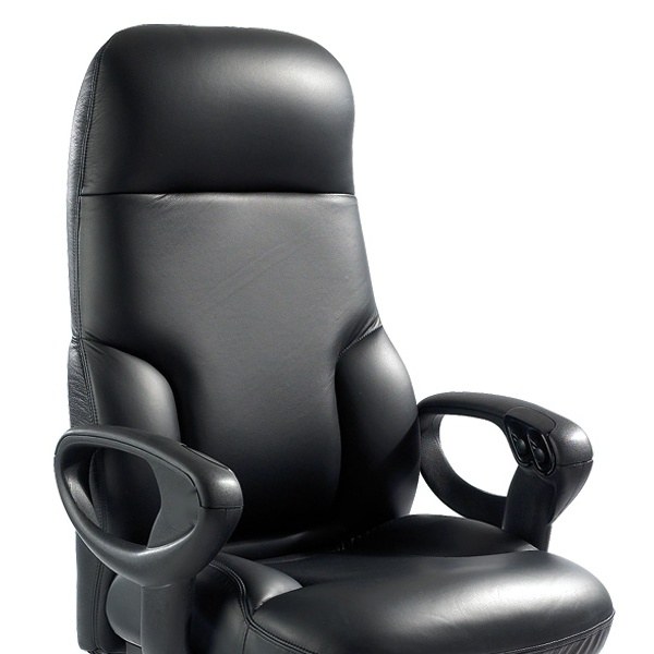 Fauteuil de Bureau Cuir Haut de Gamme, Réglages aux Accoudoirs fauteuil de bureau cuir haut de gamme, détail du dossier haut en cuir noir et des accoudoirs à commandes intégrées