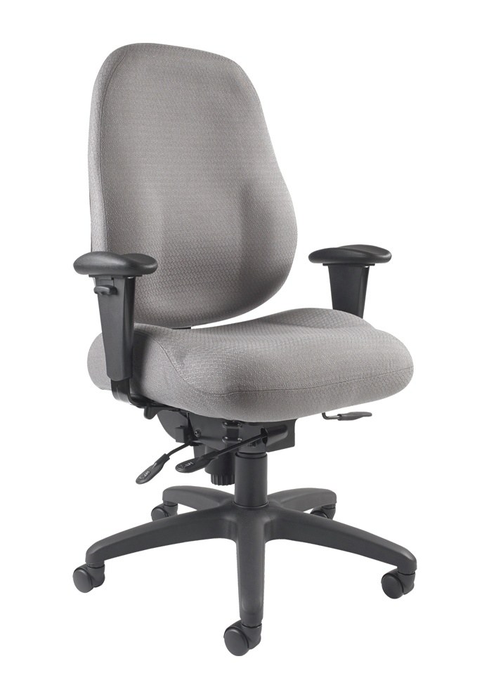 fauteuil de bureau dossier haut, tissu gris, accoudoirs réglables, vue trois quarts sur fond blanc