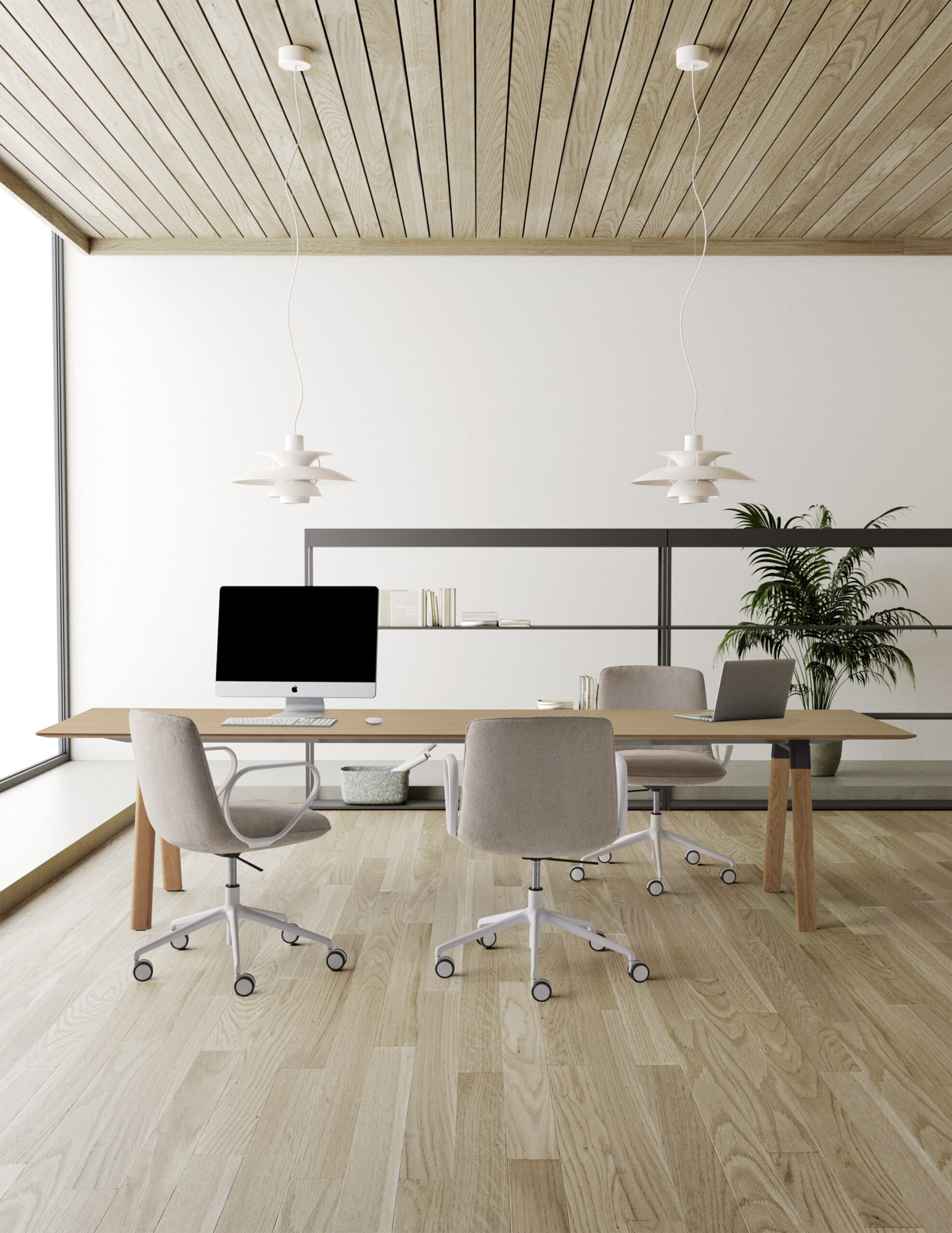 Fauteuil de bureau Kori par Inclass, 3 hauteurs de dossier fauteuil de bureau Inclass Kori beige dans un bureau au plafond en bois