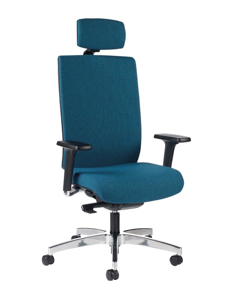 Fauteuil de bureau professionnel à têtière réglable, dossier tapissé bleu