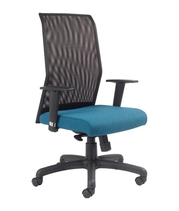fauteuil de bureau résille, version dossier moyen résille noire avec accoudoirs réglables et assise tissu bleu