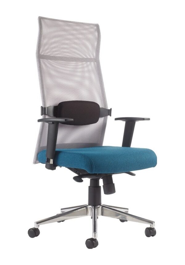 fauteuil de bureau résille, version haut dossier résille avec coussin lombaire, assise tissu bleu et piètement aluminium
