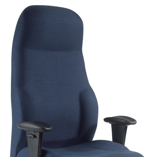 Fauteuil de Bureau Usage Intensif, Grande Assise et Dossier Haut fauteuil de bureau usage intensif, détail du dossier haut en tissu bleu et des accoudoirs réglables