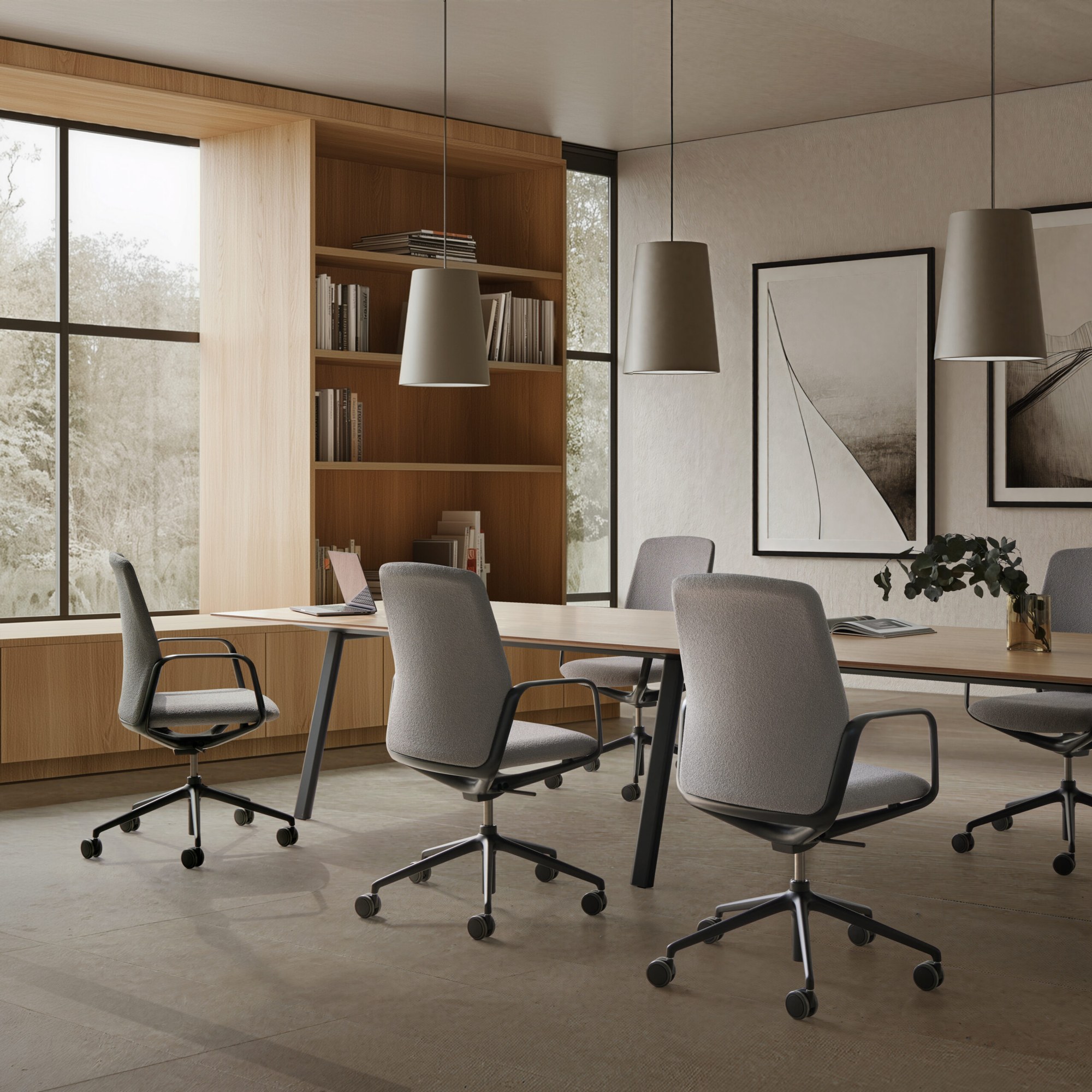 Fauteuil de réunion Exa par Inclass, résille ou tapissé, 2 piétements fauteuil de réunion Inclass Exa autour de la table en bois dans une salle de réunion lumineuse