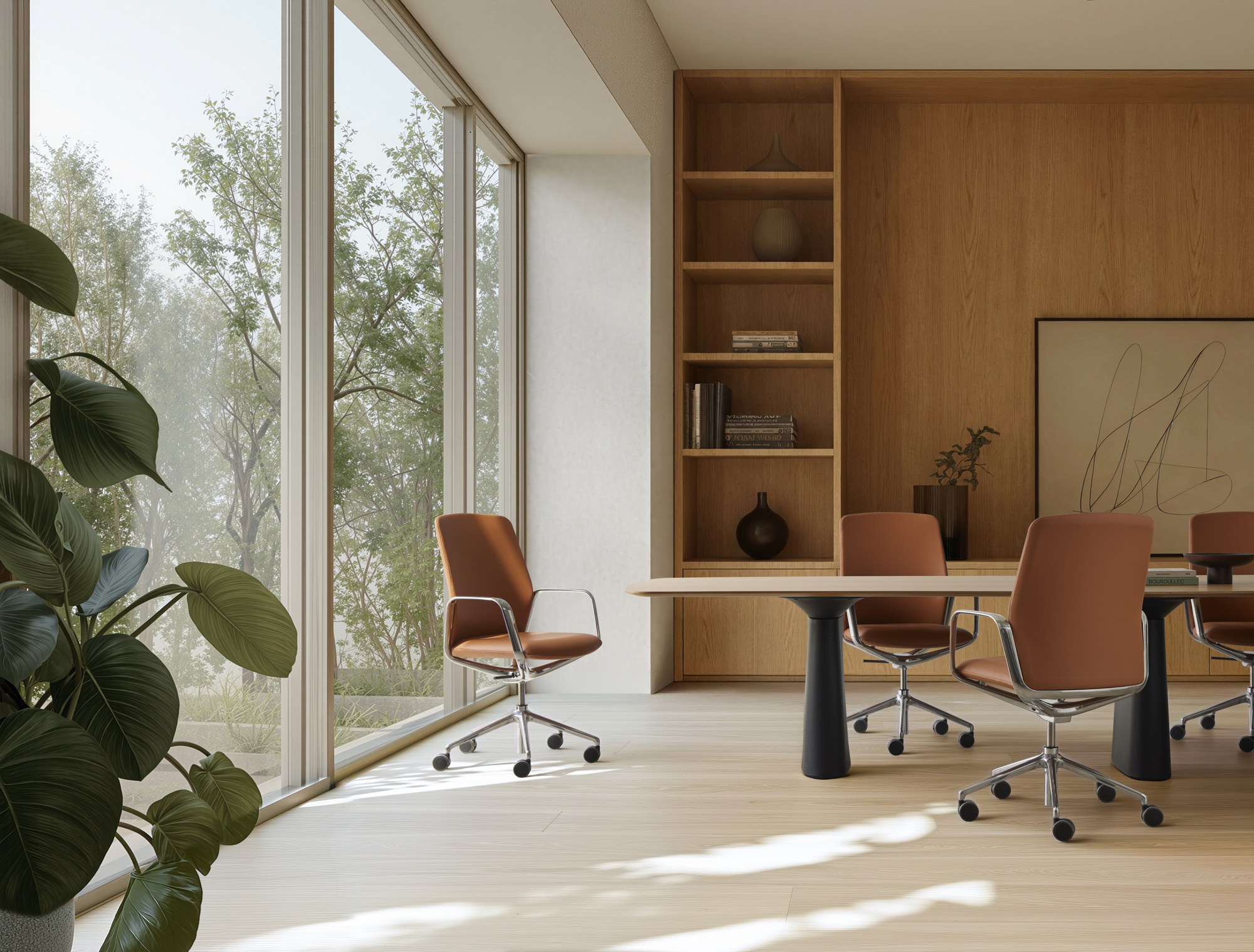 Fauteuil de réunion Exa par Inclass, résille ou tapissé, 2 piétements fauteuil de réunion Inclass Exa couleur terracotta devant une baie vitrée