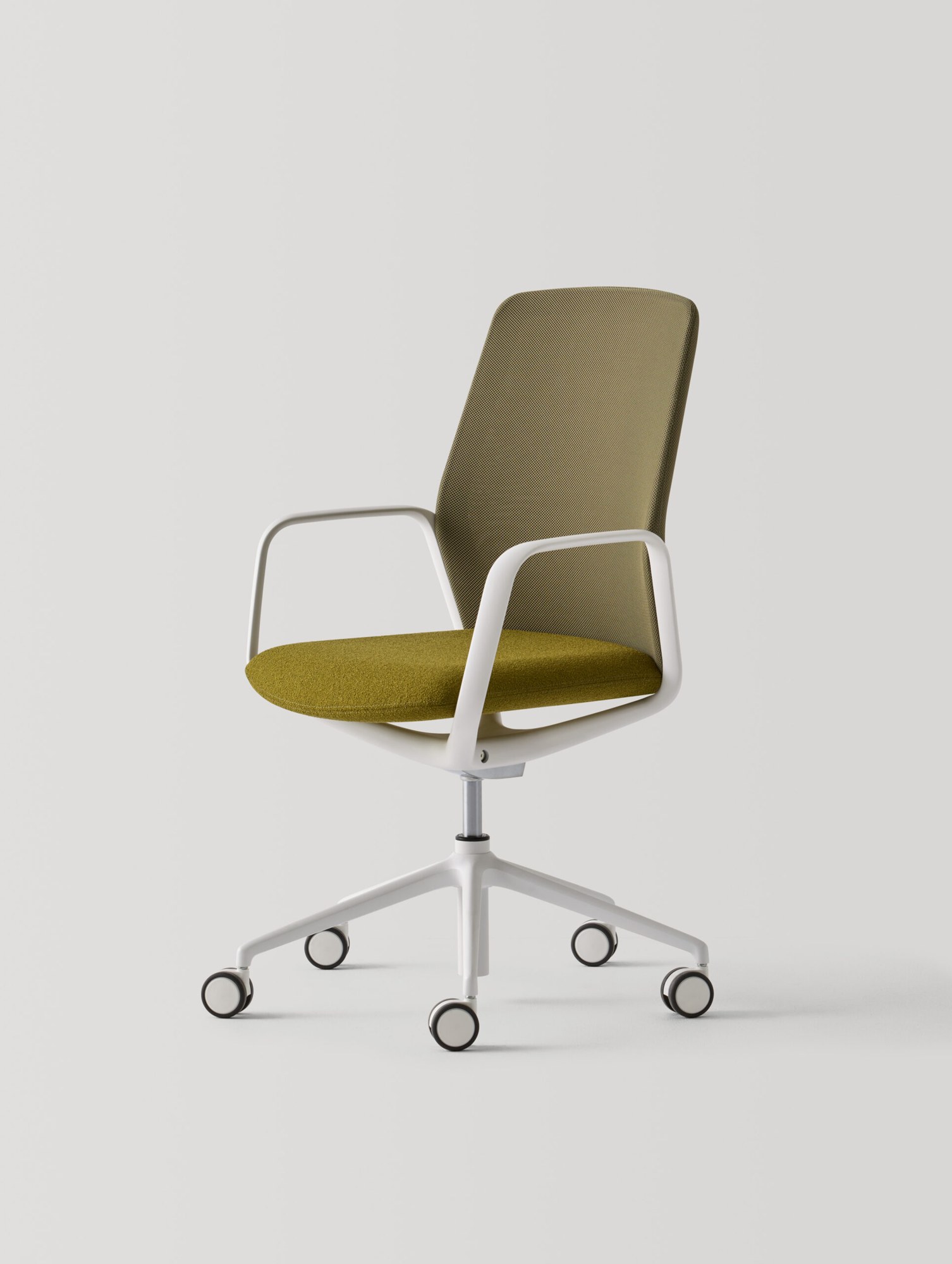 Fauteuil de réunion Exa par Inclass, résille ou tapissé, 2 piétements fauteuil de réunion Inclass Exa vert olive à structure blanche et piètement blanc
