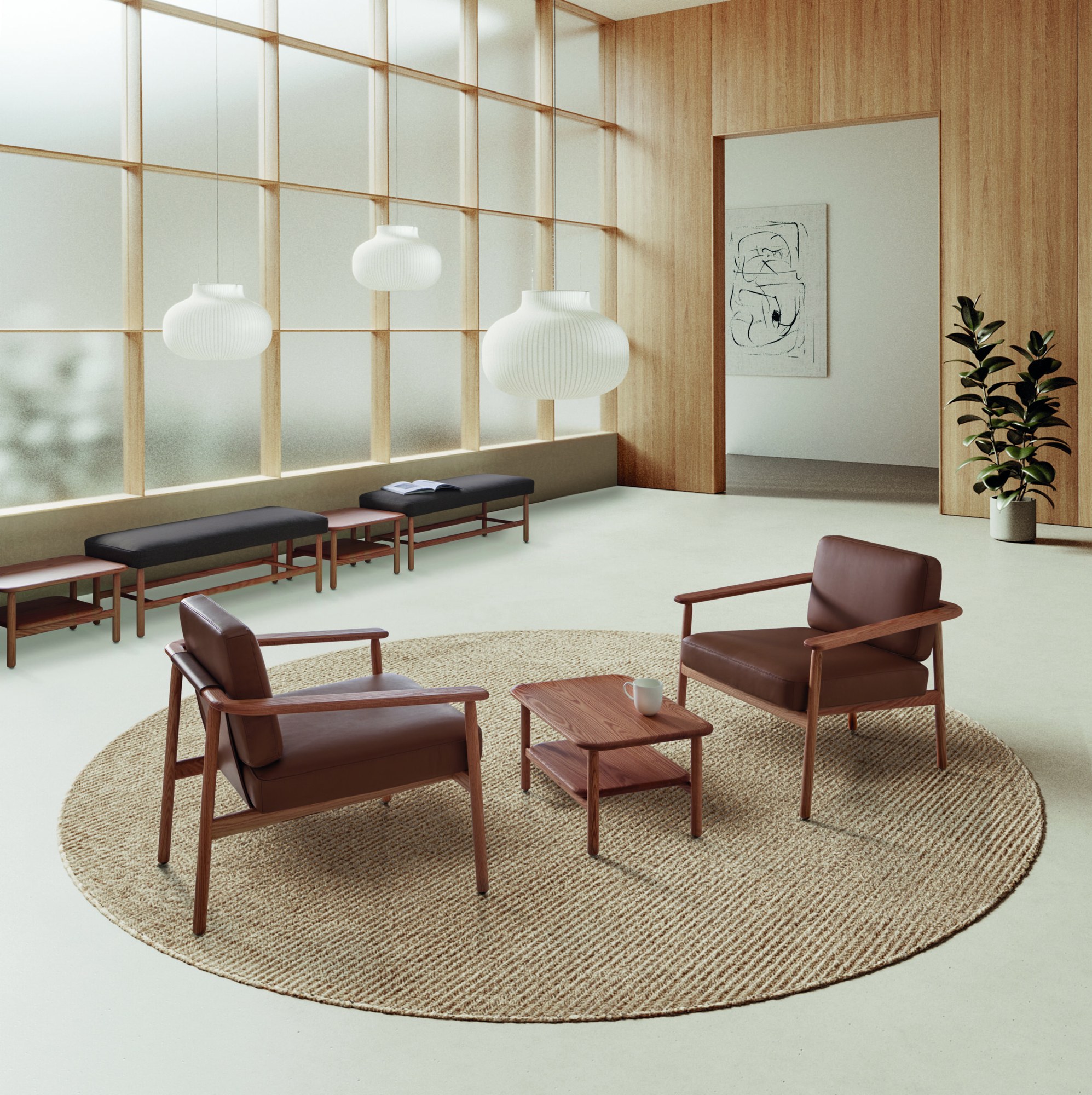 Fauteuil lounge bois Wudi par Inclass, design Francesc Rifé fauteuil lounge bois Inclass Wudi, fauteuils en cuir marron sur un tapis rond