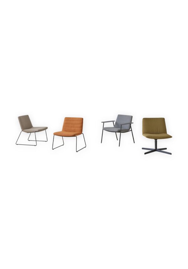 fauteuil lounge hôtel Inclass Xail en quatre versions de piètement et de revêtement, fond blanc