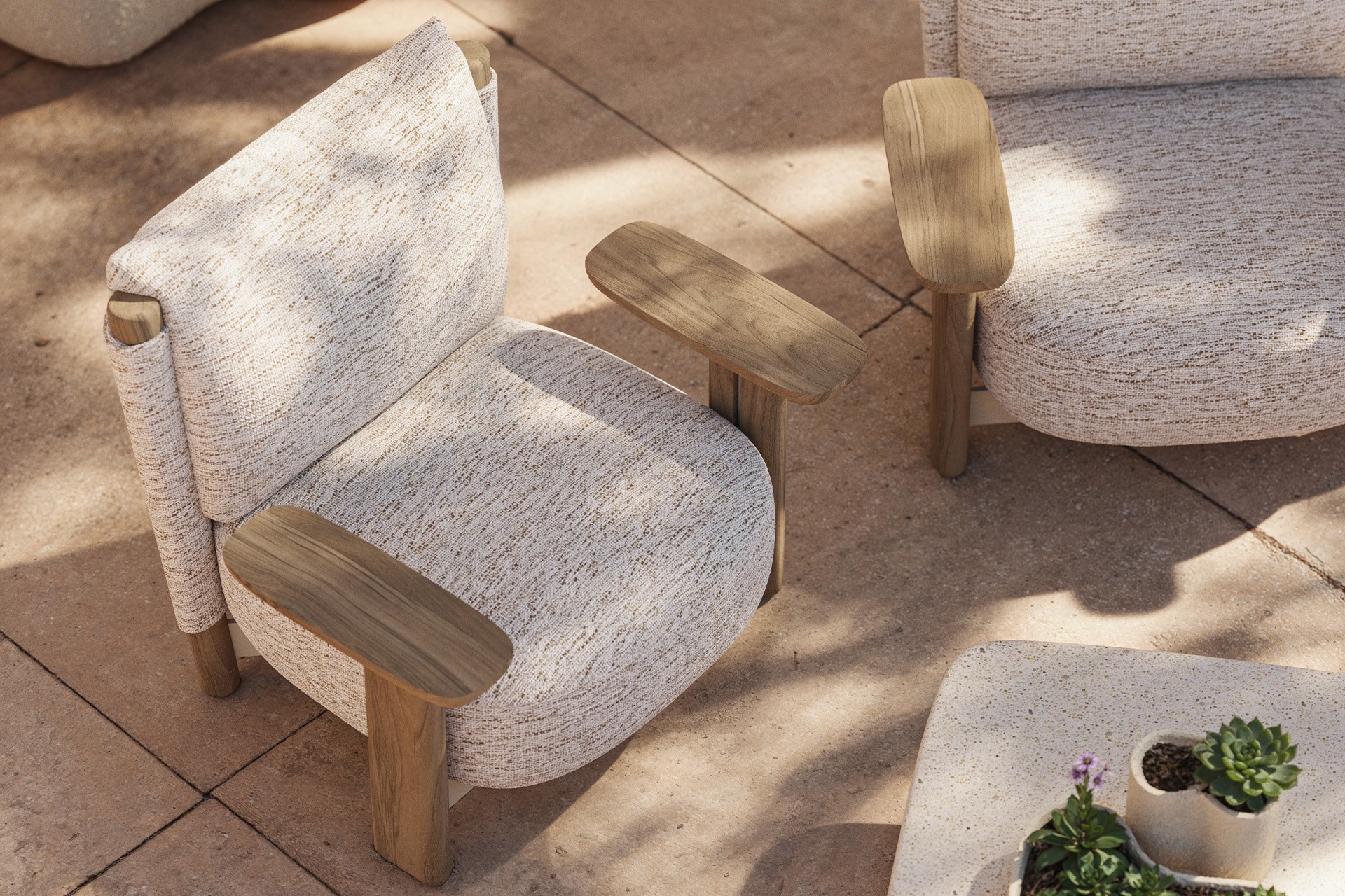 Fauteuil lounge Milos en bois d'iroko et tissu au design contemporain par Jean-Marie Massaud x Vondom fauteuil lounge Milos en bois Vondom en situation, photo d'ambiance