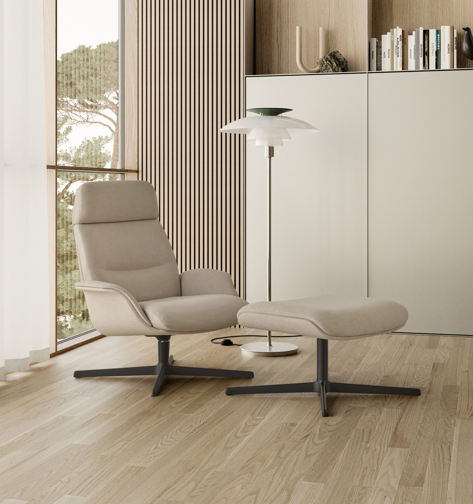 Fauteuil lounge pivotant Rever par Inclass, design Mario Ruiz fauteuil lounge pivotant Inclass Rever, coin lecture avec ottoman et lampadaire