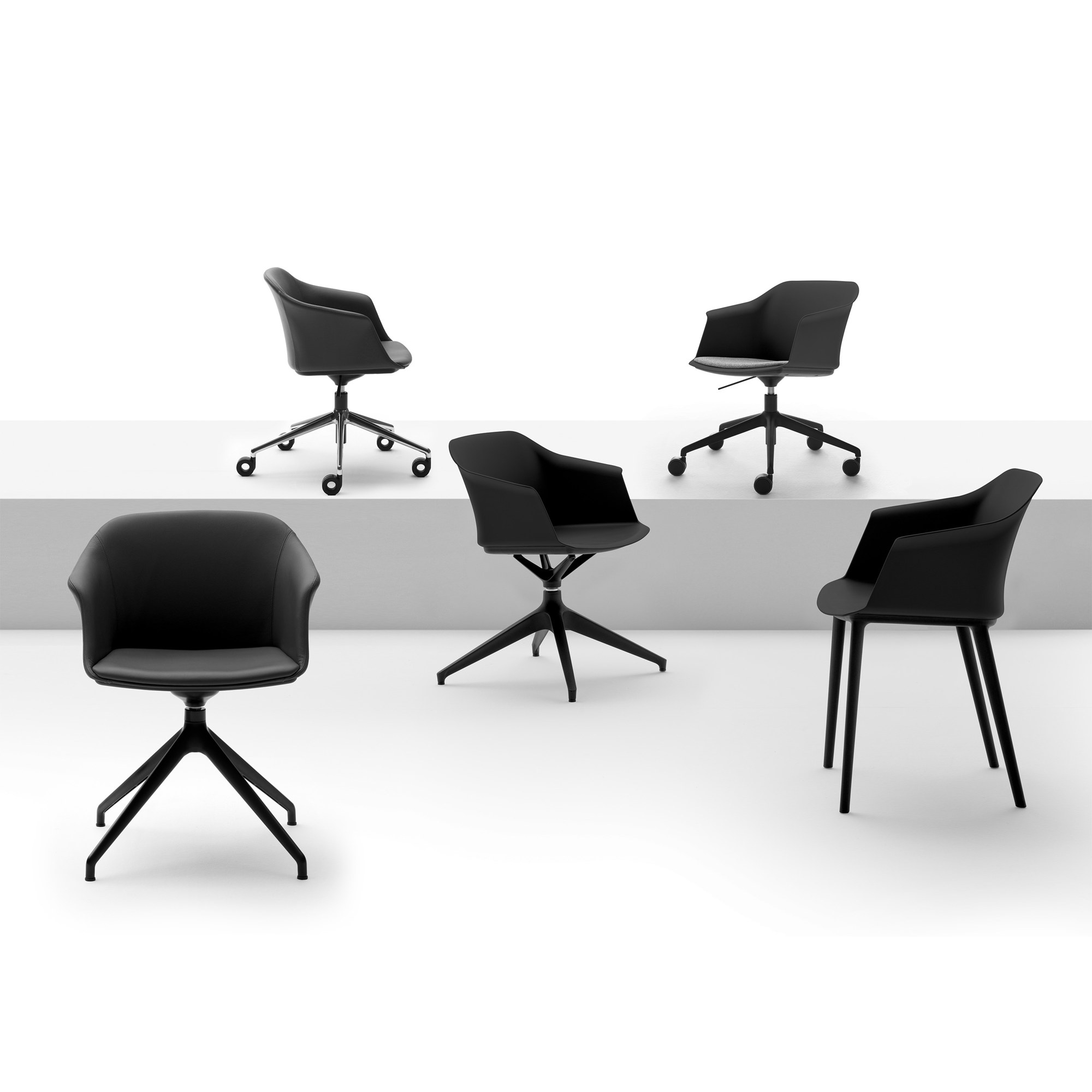 Fauteuil de réunion Seika par Bralco, 5 bases au choix fauteuil de réunion Seika Bralco en cinq types de base : pieds, étoiles pivotantes et sur roulettes