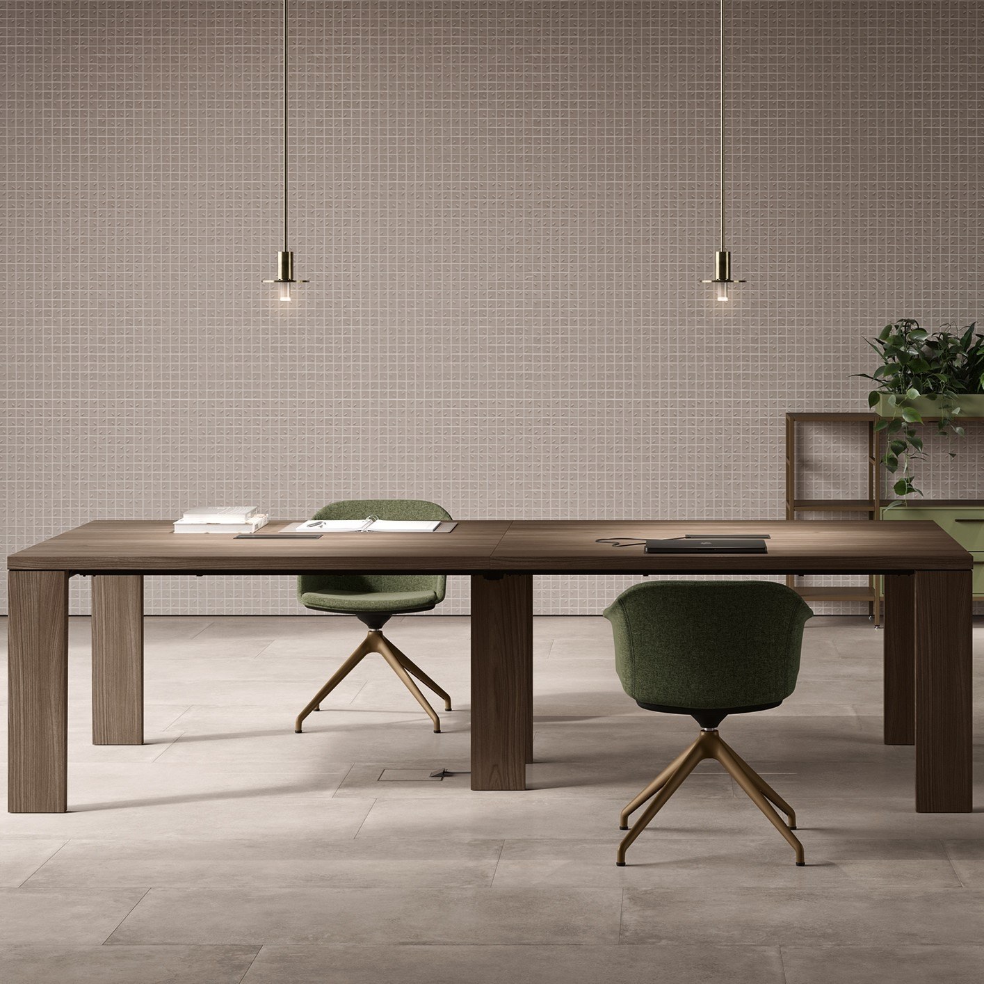 Fauteuil de réunion Seika par Bralco, 5 bases au choix fauteuil de réunion Seika Bralco en tissu vert sur étoile dorée autour de la table de réunion en bois