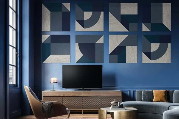 feutre acoustique mural Slalom FELTshape au motif Bluegram dans un salon bleu