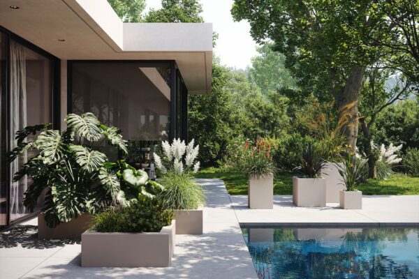 jardinière basse extérieur jardinières carrées basses Vondom en situation au bord de la piscine