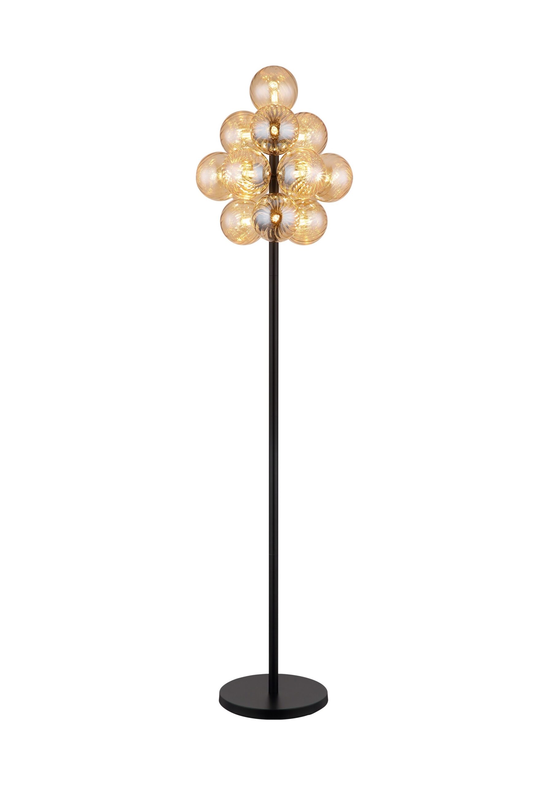 Lampadaire 13 boules de verre ambre ou fumé, métal noir lampadaire 13 boules de verre, version ambre sur mât noir, fond blanc
