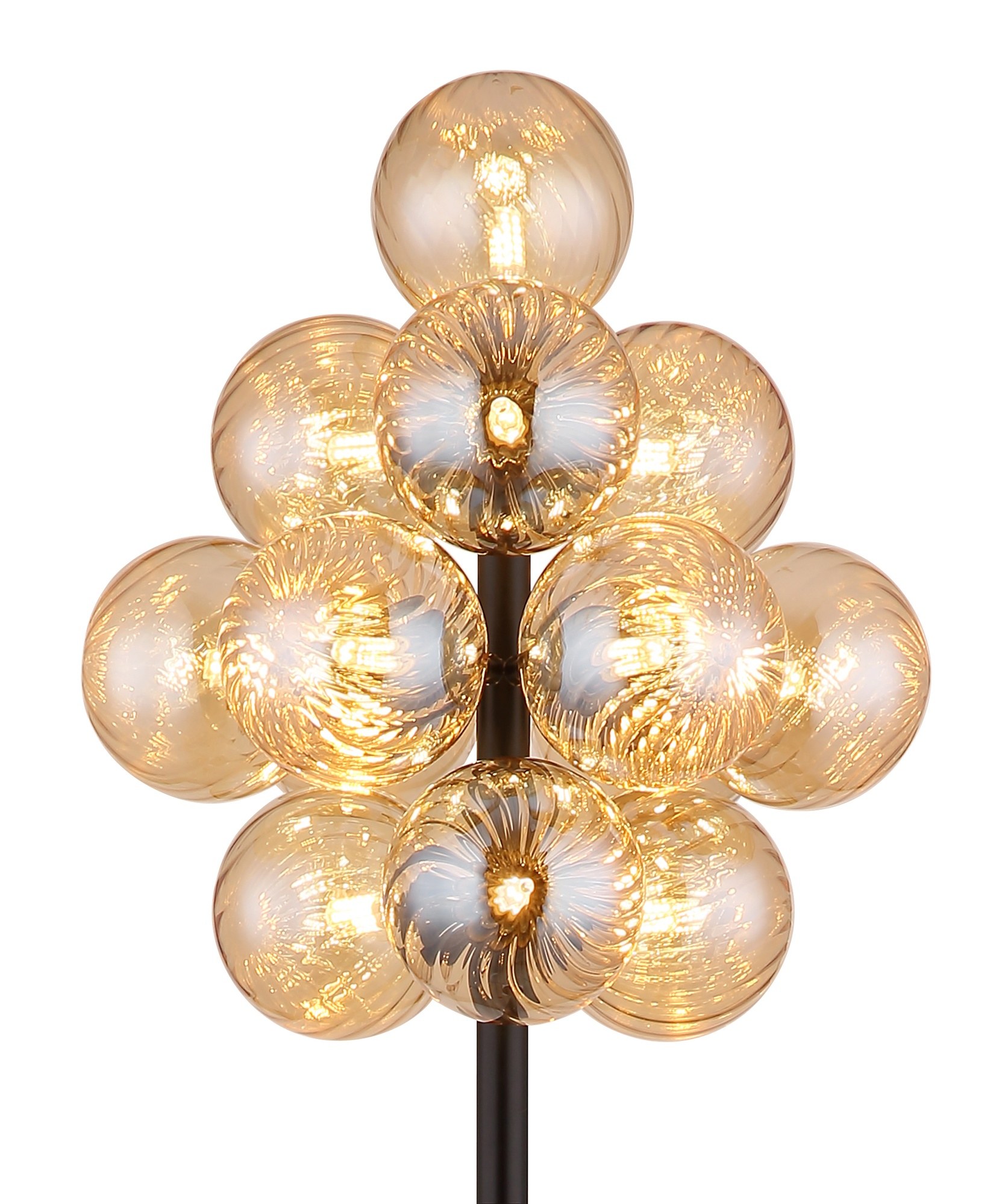 Lampadaire 13 boules de verre ambre ou fumé, métal noir lampadaire 13 boules de verre, gros plan sur la tête de boules ambre
