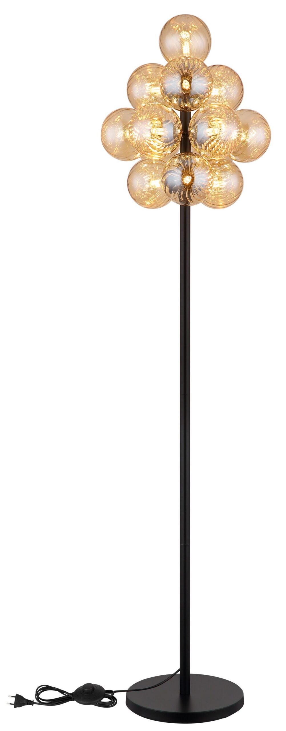 Lampadaire 13 boules de verre ambre ou fumé, métal noir lampadaire 13 boules de verre, pied rond et câble avec interrupteur, version ambre
