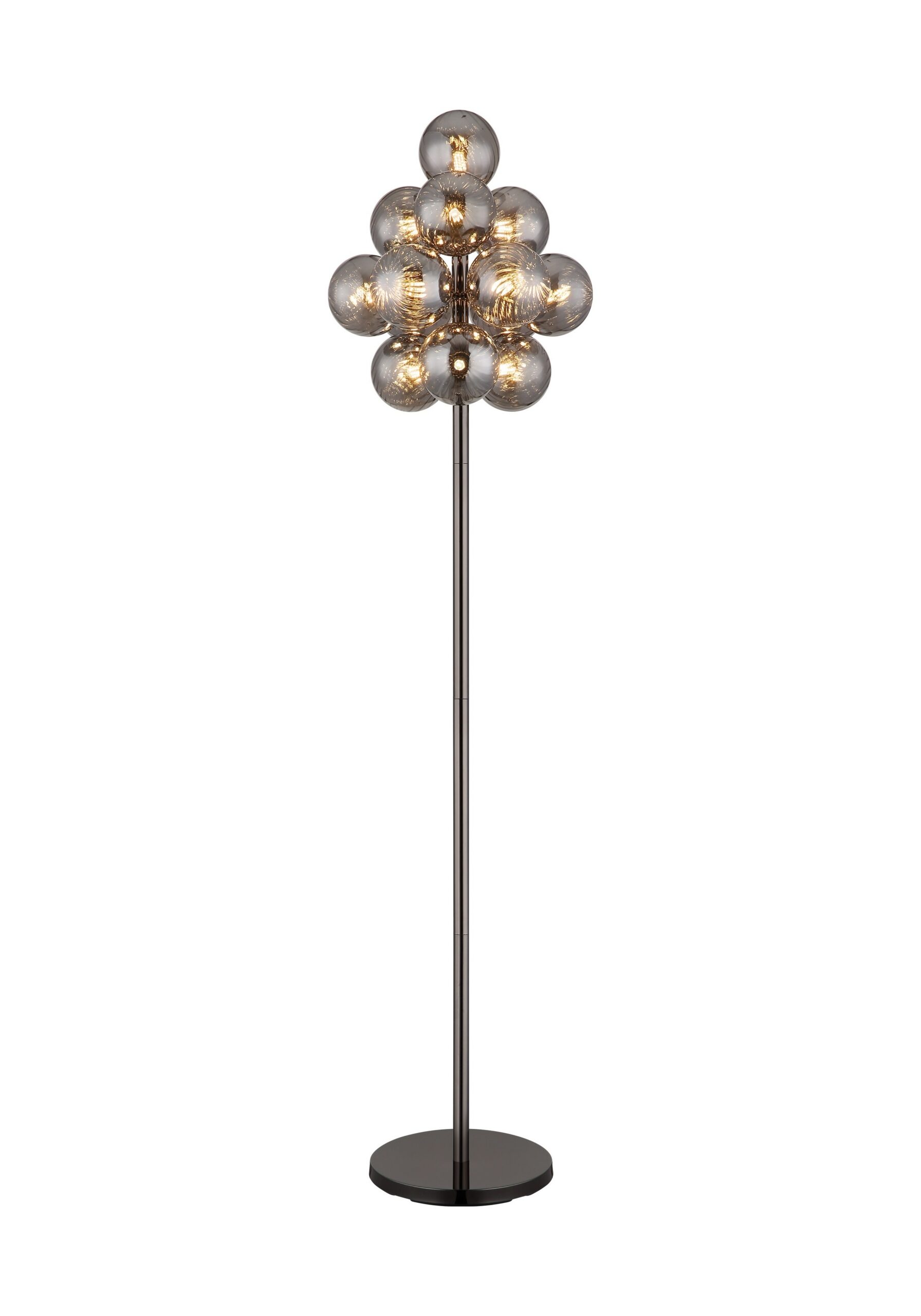 Lampadaire 13 boules de verre ambre ou fumé, métal noir lampadaire 13 boules de verre, version fumé sur mât gunmetal, fond blanc