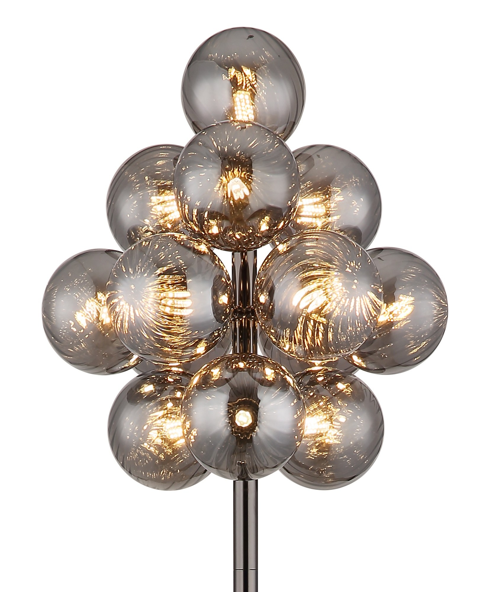 Lampadaire 13 boules de verre ambre ou fumé, métal noir lampadaire 13 boules de verre, gros plan sur la tête de boules fumé