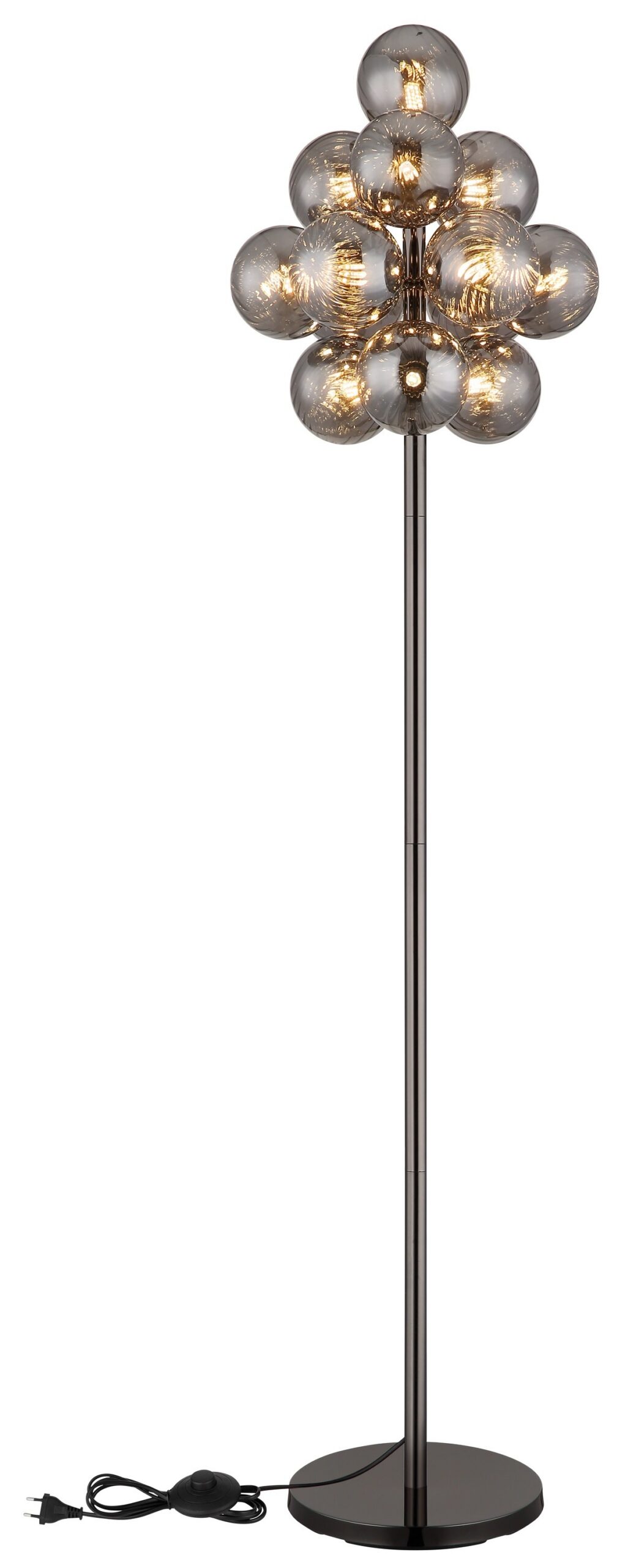 Lampadaire 13 boules de verre ambre ou fumé, métal noir lampadaire 13 boules de verre, pied rond et câble avec interrupteur, version fumé
