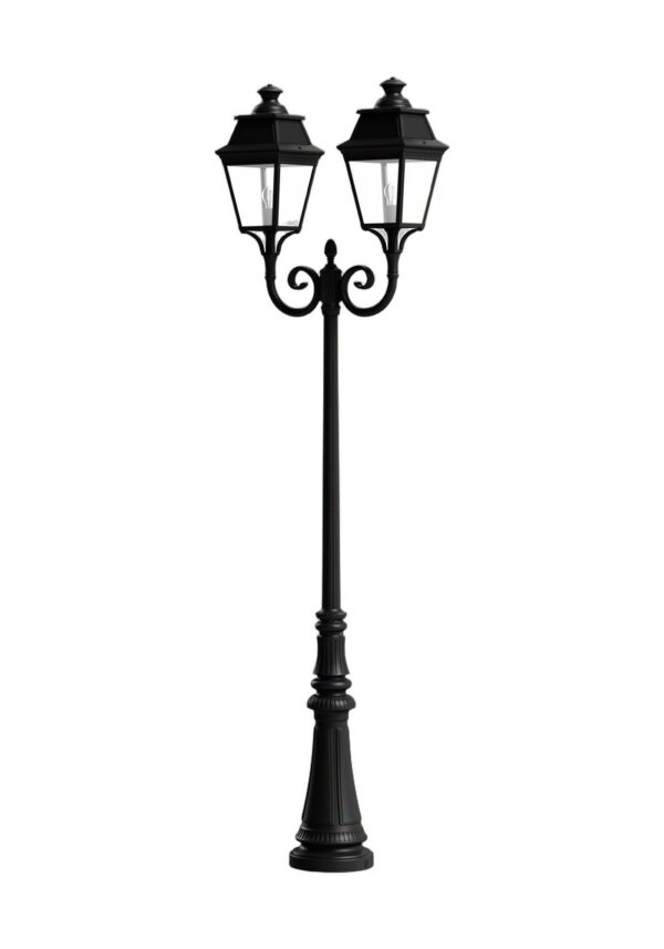 lampadaire 2 têtes Avenue 3 en aluminium noir foncé avec verre clair, rendu sur fond blanc