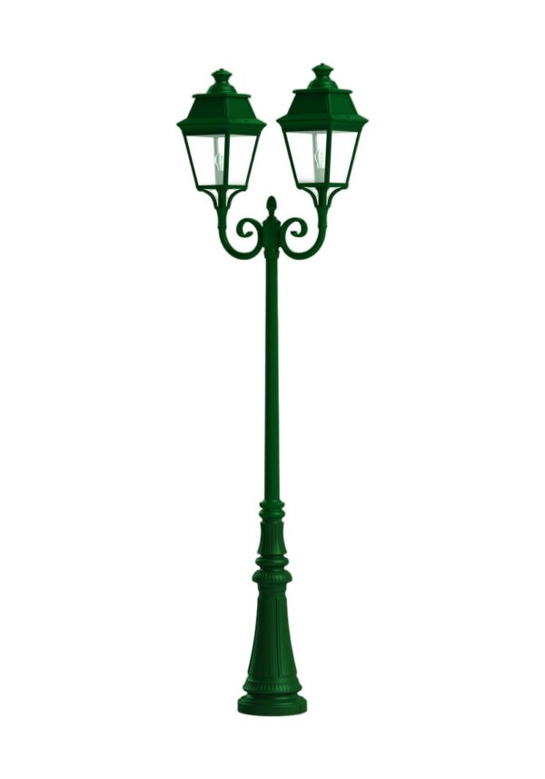 lampadaire 2 têtes Avenue 3 en aluminium vert sapin, rendu sur fond blanc