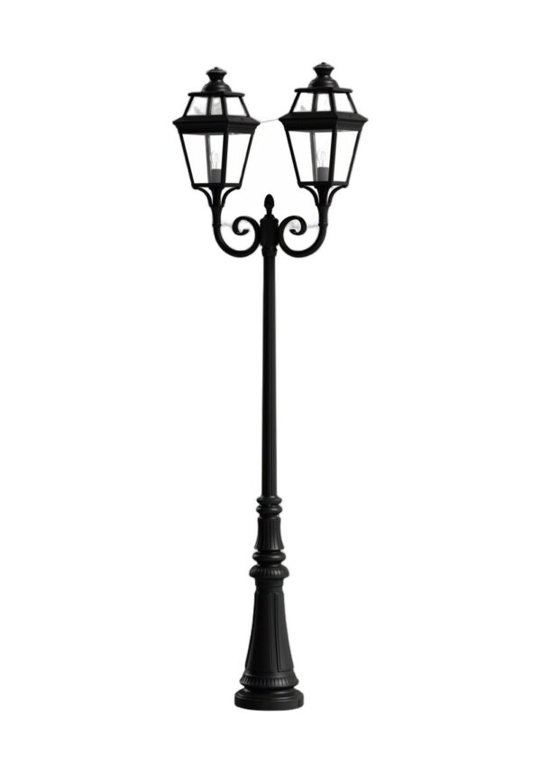 lampadaire 2 têtes Place des Vosges 3 en aluminium noir foncé avec deux lanternes, rendu sur fond blanc