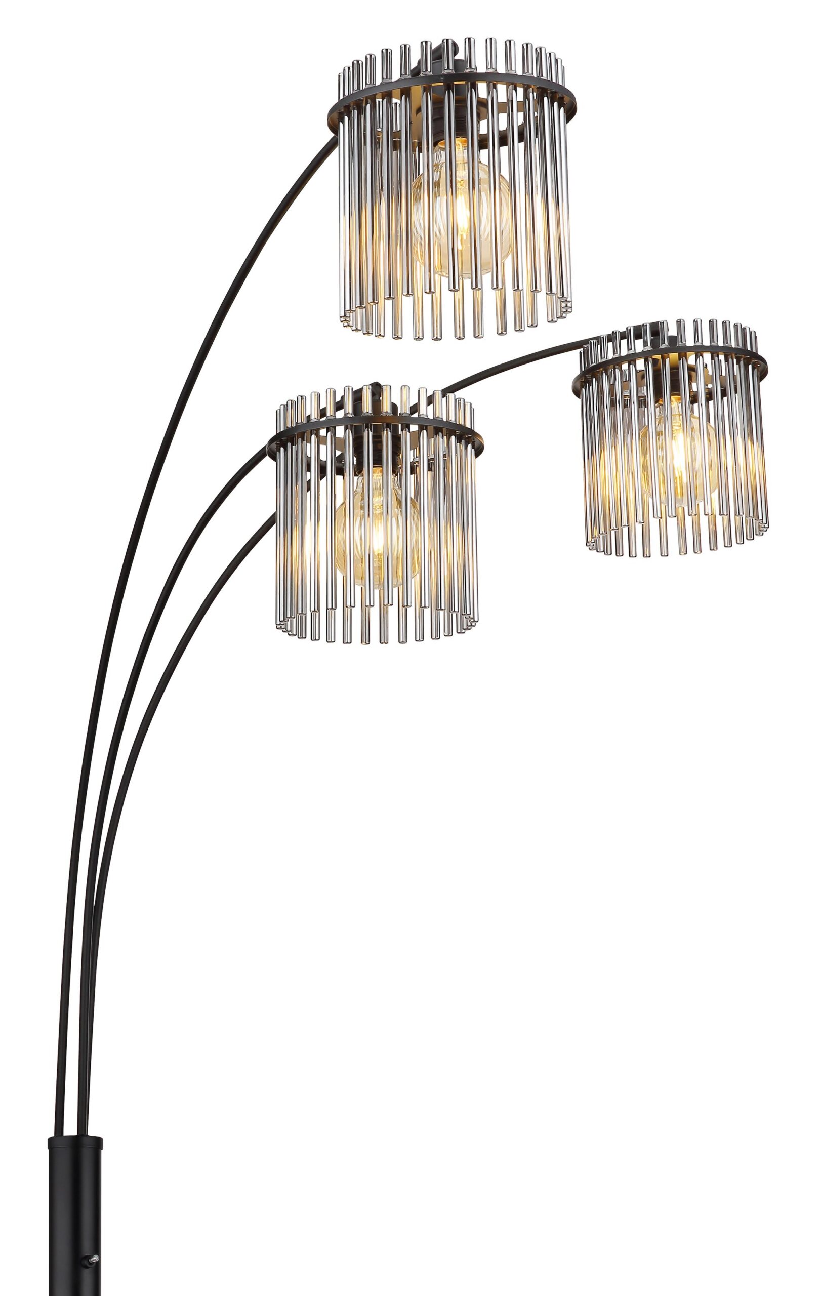 Lampadaire 3 bras en arc, abat-jours barreaux de verre fumé ou opale lampadaire 3 bras verre fumé gros plan sur les abat-jours en barreaux de verre fumé