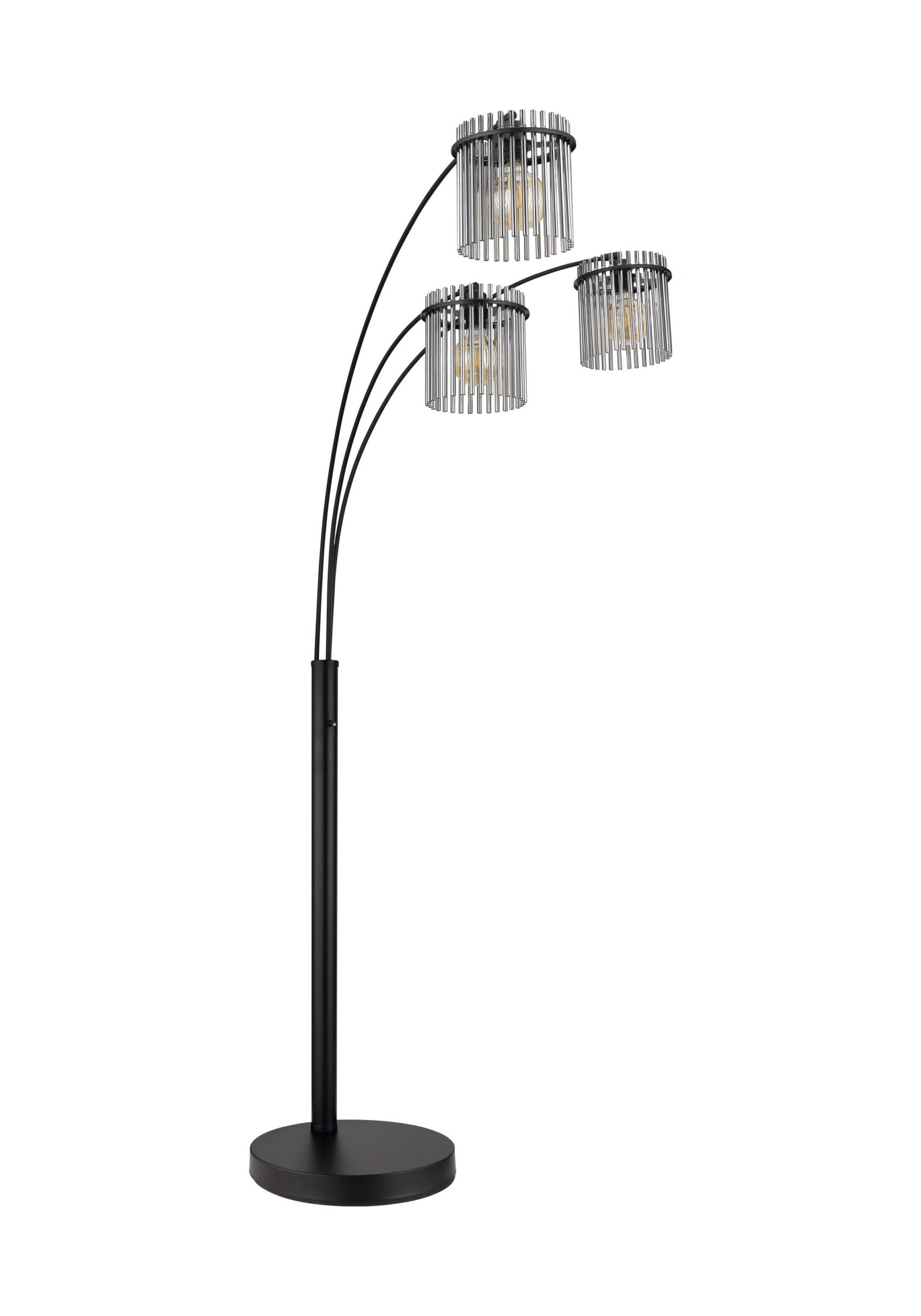 Lampadaire 3 bras en arc, abat-jours barreaux de verre fumé ou opale lampadaire 3 bras verre fumé noir éteint, barreaux de verre fumé sur fond blanc