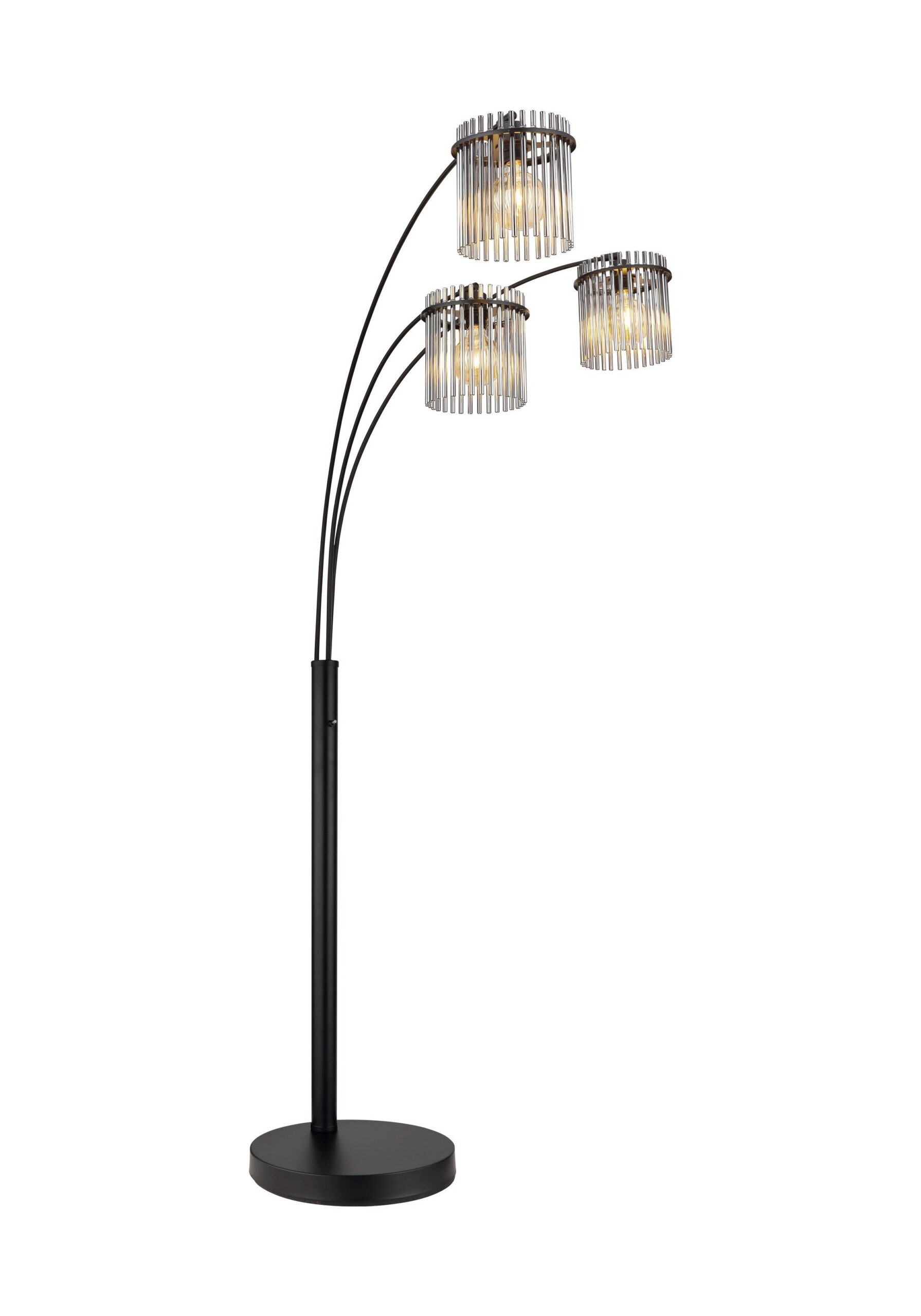 Lampadaire 3 bras en arc, abat-jours barreaux de verre fumé ou opale lampadaire 3 bras verre fumé noir et verre fumé, trois bras incurvés, fond blanc